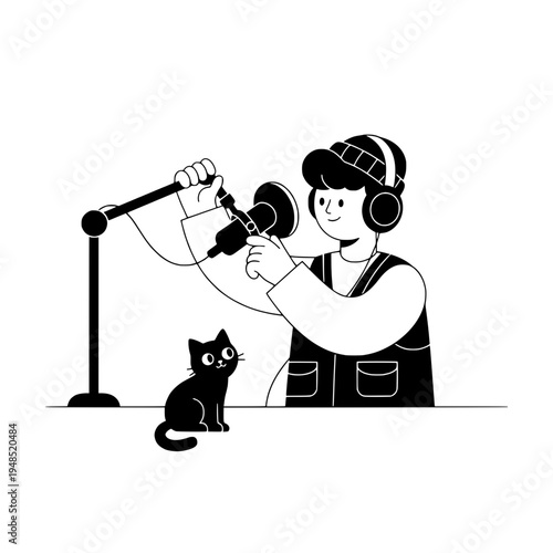 podcast studio host adjusting boom arm microphone for professional recording setup or cartoon host with headphones adjusting a microphone in a studio with a cat