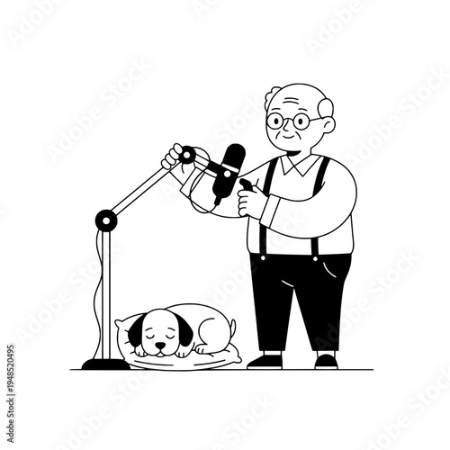 Podcast Studio Illustration of a Producer Adjusting a Boom Arm Microphone or Cartoon Line Art of a Podcast Host with a Flexible Microphone Boom Arm