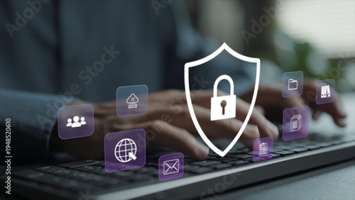 Secure data protection concept. Person typing keyboard with cybersecurity and data protection icons, information security, privacy protection and digital safety.