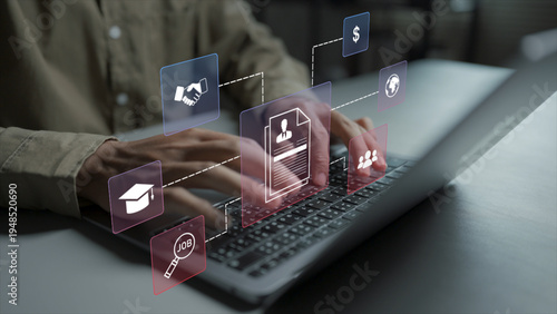 Online job search and employment concept. Person using laptop with job listing and recruitment icons, career opportunities, talent acquisition and employment platform.