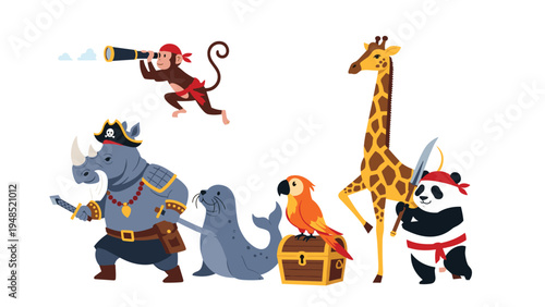 Whimsical characters of animals dressed as pirates including a rhinoceros parrot monkey giraffe and panda with a treasure chest.