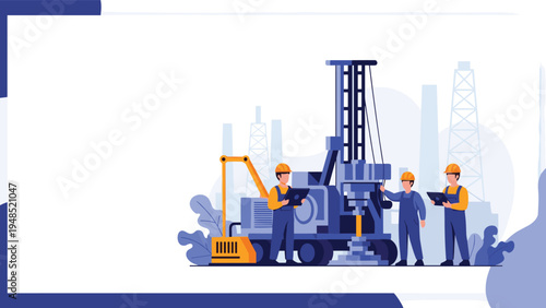 Three construction workers in blue uniforms and hard hats operating a large industrial drilling rig at a busy construction site.