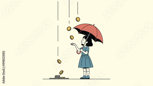 Little girl in a blue dress holding a red umbrella and catching gold coins falling from the sky like rain into a large pile.