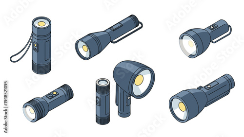 Set of isometric illustrations of various hand-held flashlights and torches in dark blue with bright light beams shown from above.