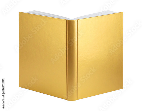Closed gold hardcover book standing upright showing the spine and slightly opened top edges ready for custom design  