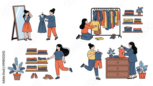 Diverse women organizing their wardrobes choosing outfits in front of mirrors and hanging clothes on racks in a domestic setting.