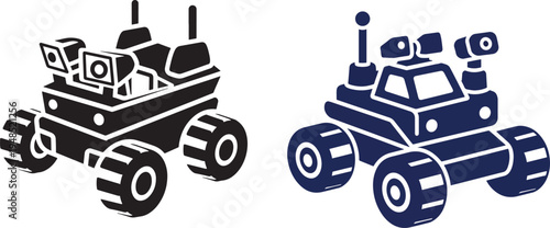 Two distinct vector illustrations of robotic space rovers designed for planetary exploration missions