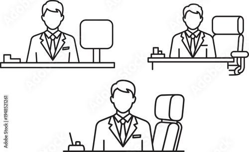 A collection of three outline icons representing professional businessmen working at their desks