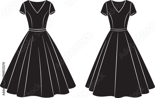 Two identical black flared dresses with v-necklines illustrated in a flat graphic vector style