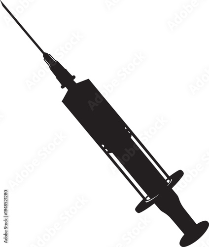 A minimalist black silhouette of a medical syringe isolated on a plain white background for design