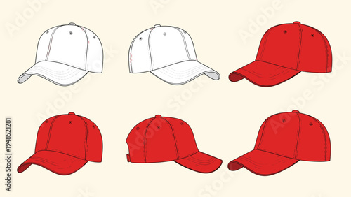 Collection of blank white and red baseball caps shown from different angles including front side and back for custom branding.