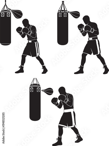 A collection of black silhouette illustrations showing boxers training with heavy punching bags
