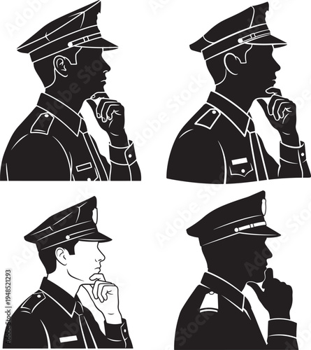 A collection of four distinct profile silhouettes of police officers in deep thoughtful poses