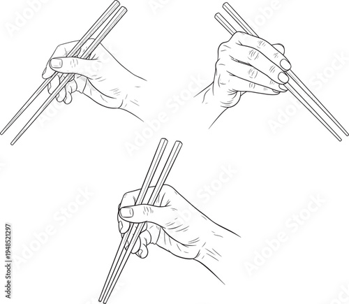 Three different hand positions demonstrating the proper technique for using wooden dining chopsticks