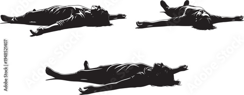 A collection of three black and white illustrations showing people lying flat on their backs