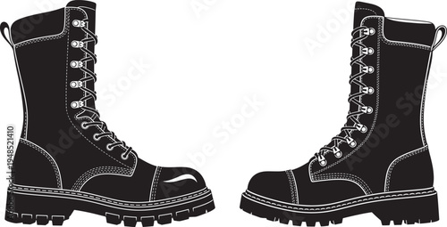 A pair of black tactical combat boots isolated on a white background for military or work use