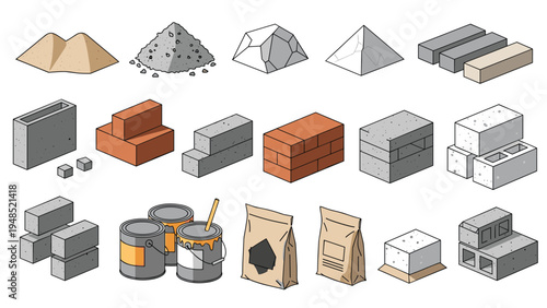Set of isometric construction materials including various concrete blocks bricks bags of cement paint cans and piles of sand.