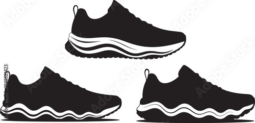 A collection of three black and white athletic shoe silhouettes displayed on a clean white background