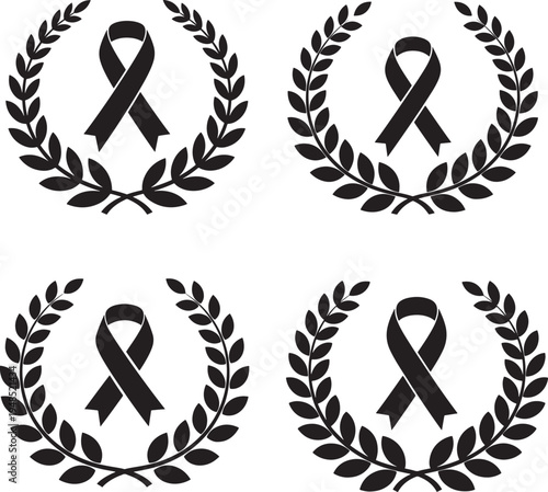 A collection of four identical black awareness ribbons framed by decorative circular laurel wreaths