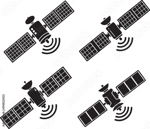 A collection of four distinct black and white icons representing artificial satellites in orbit