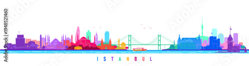 Colorful abstract vector illustration of Istanbul historical landmarks, skyline and city views.
