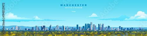 Manchester City skyline travel and tourism horizontal view vector illustration, united kingdom