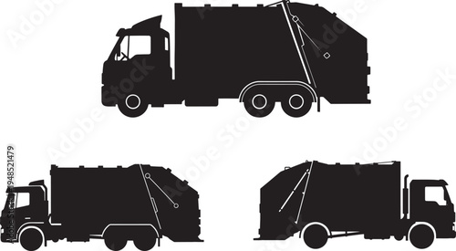 A collection of three black silhouettes representing different garbage truck vehicles on white