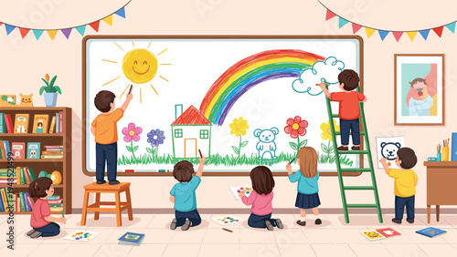 Group of school children collaboratively drawing a colorful scene with a sun rainbow house and flowers on a large whiteboard.