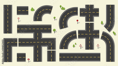 Road constructor kit with modular highway sections asphalt streets intersections and traffic symbols for city planning map designs.
