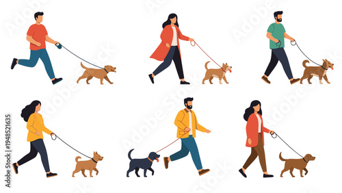 Diverse group of people walking their dogs in casual outdoor clothing including various breeds on leashes for daily exercise routines.