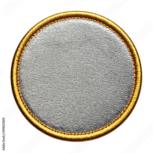 Blank round metallic silver fabric patch with a vibrant golden embroidered border and a subtly textured surface, perfectly ready for custom design or insignia 