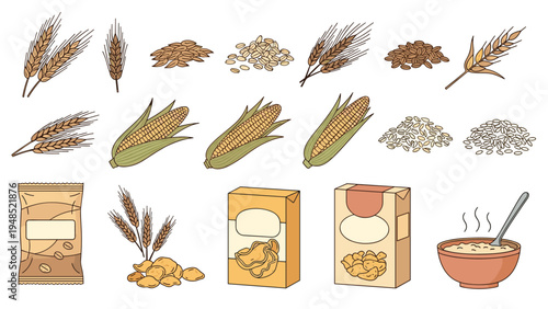 Cereal and grain collection featuring illustrations of wheat corn stalks rice husks and various packaged breakfast food products.