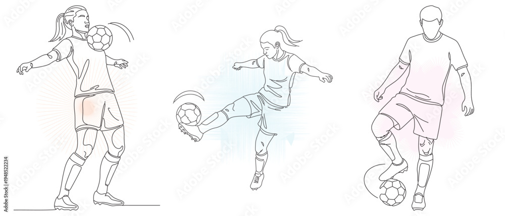 Fototapeta premium Female Soccer Players Sketch Collection, Athletic Women Kicking Ball, Sportive Girls Training