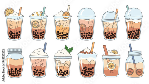 Large selection of boba bubble tea drinks in different plastic cups with colorful straws milk foam and tapioca pearls for cafe menus.