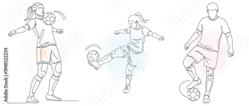 Female Soccer Players Sketch Collection, Athletic Women Kicking Ball, Sportive Girls Training