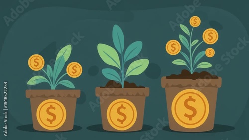 Cartoon illustration of growing plants with dollar coins in pots