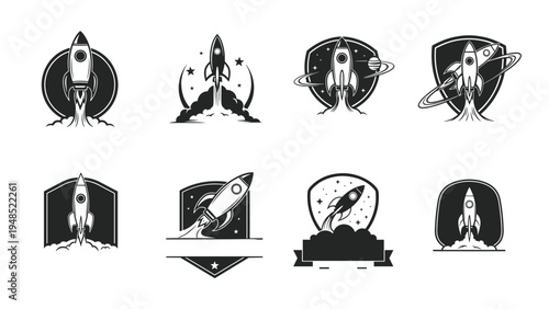 Monochrome rocket ship logo emblems featuring spacecraft launching into space with stars planets and shield shapes for technology brands.