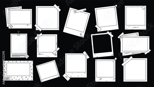 Blank photo frames and polaroid style snapshots with tape and pins on a black background for memory and scrapbooking design layouts.