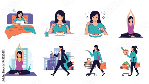 Daily routine of a modern woman showing activities from waking up and eating to practicing yoga commuting to work and grocery shopping.