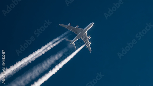 Passenger plane fly high across clear blue sky with white contrail; commercial aircraft flight concept for travel, vacation, transport, aerospace industry