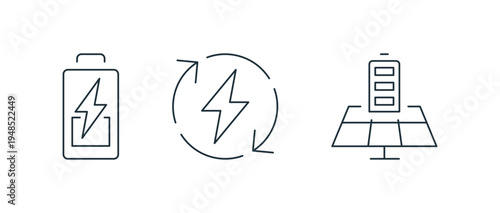 Minimal electric charging line icon set energy and power, including battery level, wireless charging, plug socket, electric car, energy symbols linear flat vector illustration.
