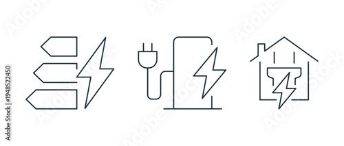 Minimal electric charging line icon set energy and power, including battery level, wireless charging, plug socket, electric car, energy symbols linear flat vector illustration.
