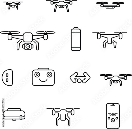 Flat vector illustration of drone icons, quadcopter symbols, aerial photography drone, drone controller, VR headset, battery, technology equipment
