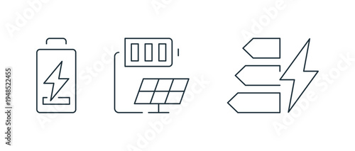 Minimal electric charging line icon set energy and power, including battery level, wireless charging, plug socket, electric car, energy symbols linear flat vector illustration.
