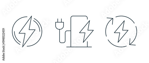 Minimal electric charging line icon set energy and power, including battery level, wireless charging, plug socket, electric car, energy symbols linear flat vector illustration.
