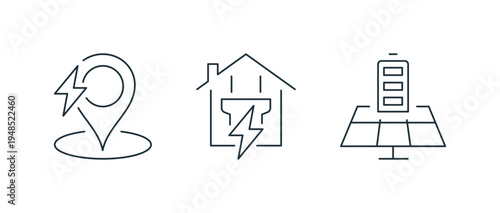 Minimal electric charging line icon set energy and power, including battery level, wireless charging, plug socket, electric car, energy symbols linear flat vector illustration.

