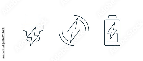 Minimal electric charging line icon set energy and power, including battery level, wireless charging, plug socket, electric car, energy symbols linear flat vector illustration.
