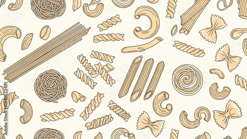 Seamless pattern background featuring various types of dry pasta shapes like penne fusilli spaghetti farfalle and macaroni in line art style.