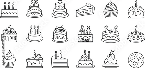 Flat vector illustration of birthday cakes, wedding cakes, cupcakes, desserts, pastry icons, celebration sweets, bakery treats, party food