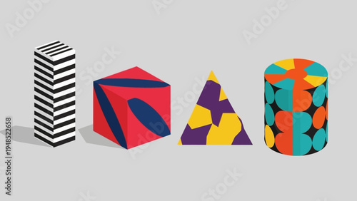 Abstract Geometric Shapes with Colorful Patterns on Gray Background